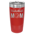Laser etched red 20 oz vacuum insulated tumbler with 'Mom Basketball2' design