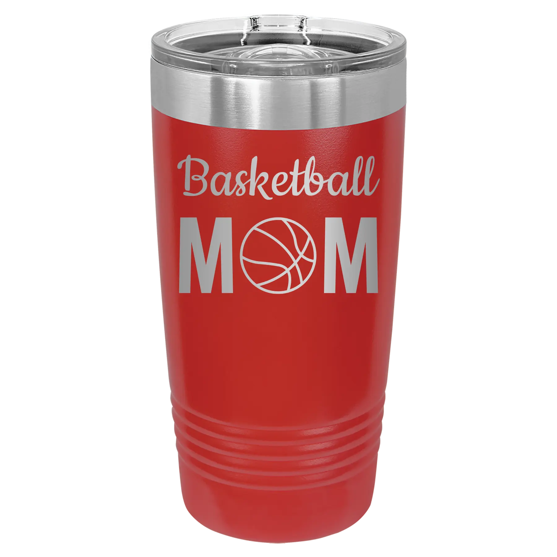 Laser etched red 20 oz vacuum insulated tumbler with 'Mom Basketball2' design