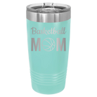 Laser etched teal 20 oz vacuum insulated tumbler with 'Mom Basketball2' design