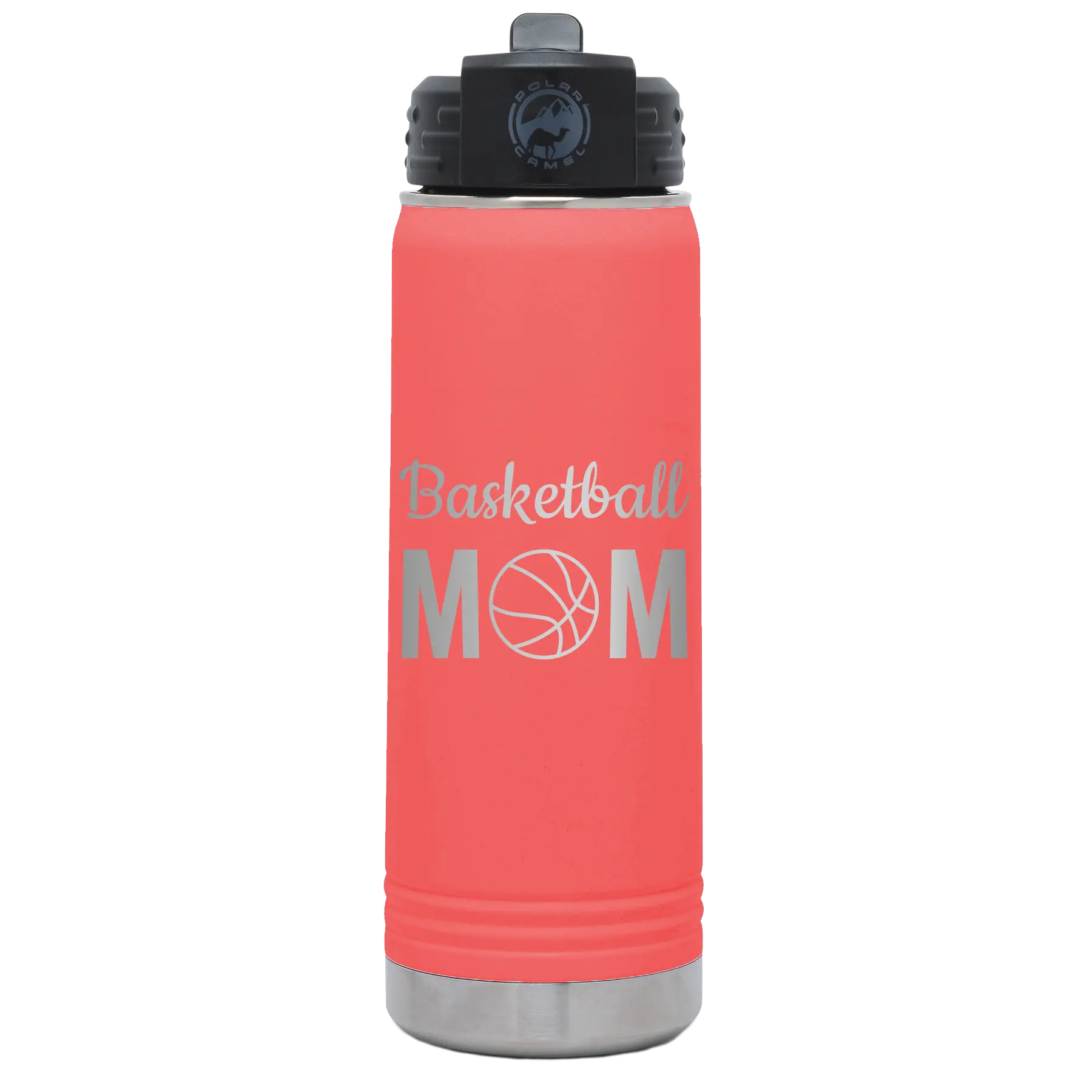 Laser etched coral 20 oz vacuum insulated water bottle with 'Mom Basketball2' design