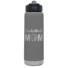 Laser etched dark gray 20 oz vacuum insulated water bottle with 'Mom Basketball2' design