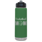 Laser etched green 20 oz vacuum insulated water bottle with 'Mom Basketball2' design