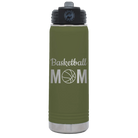 Laser etched olive green 20 oz vacuum insulated water bottle with 'Mom Basketball2' design