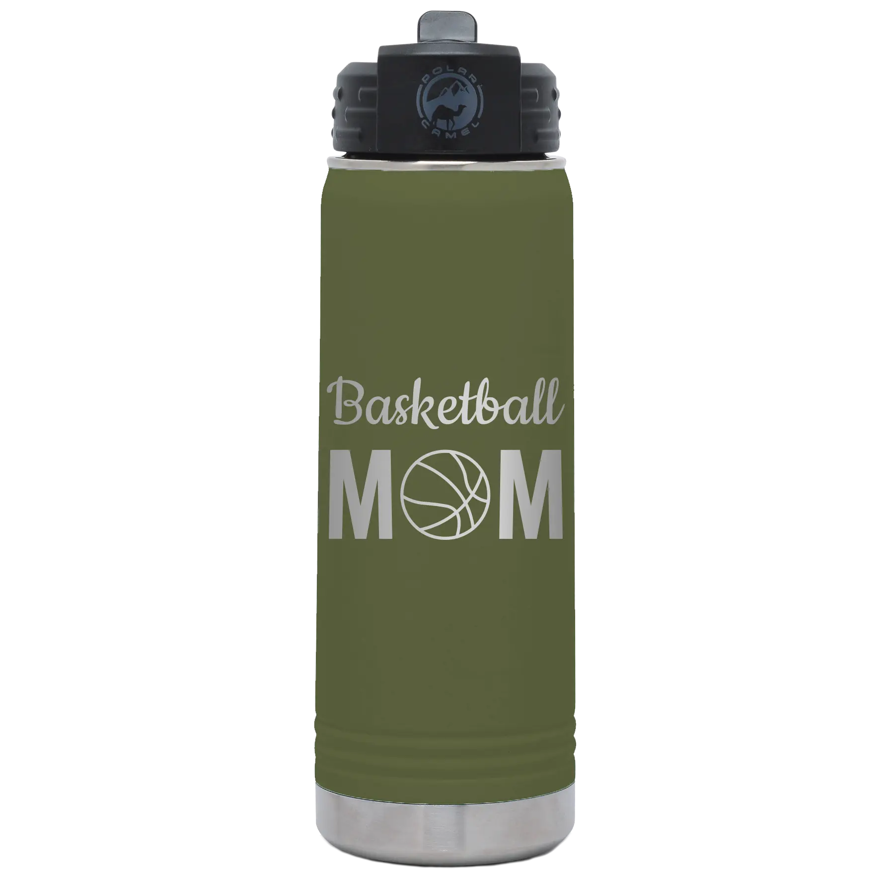 Laser etched olive green 20 oz vacuum insulated water bottle with 'Mom Basketball2' design