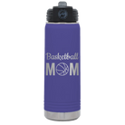 Laser etched purple 20 oz vacuum insulated water bottle with 'Mom Basketball2' design