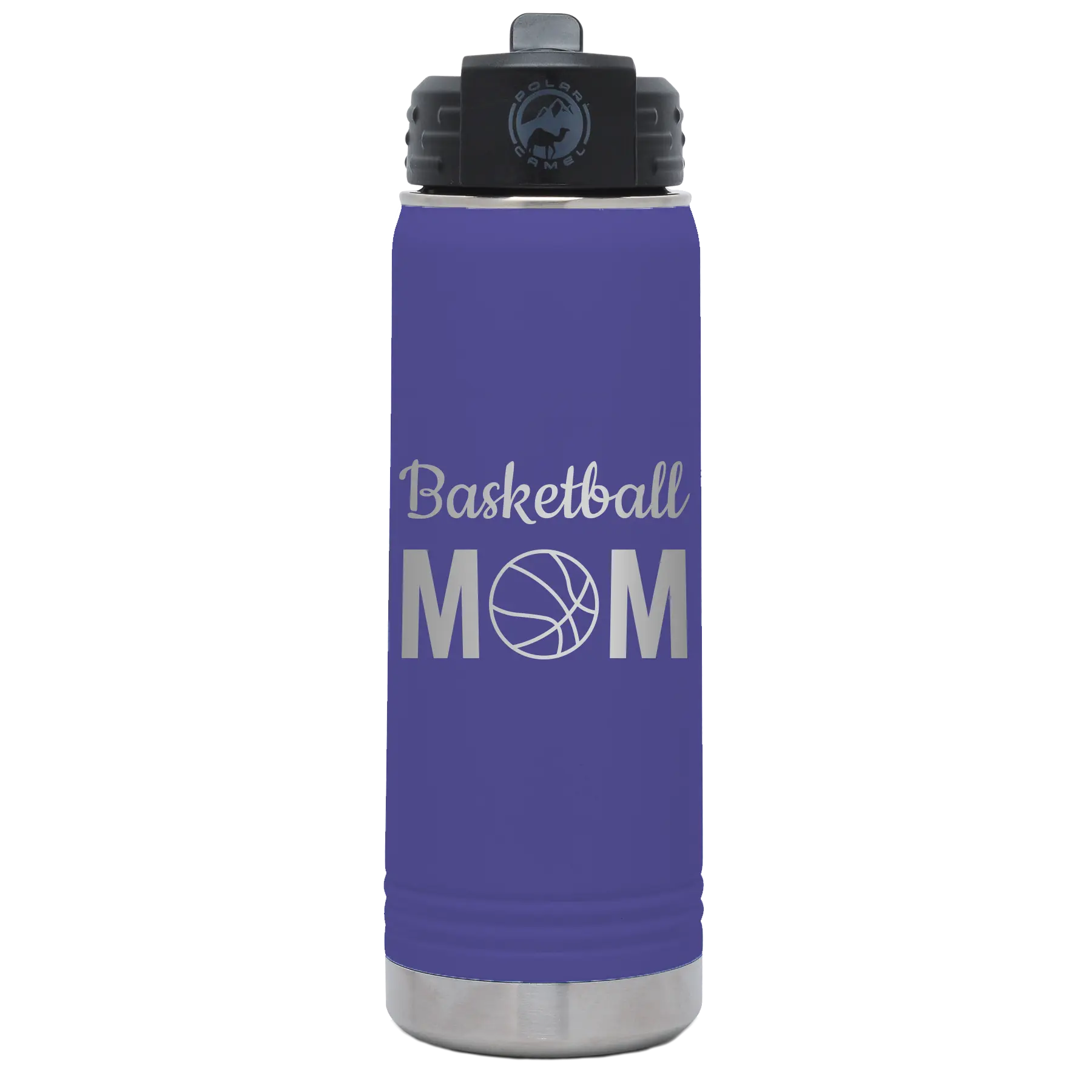 Laser etched purple 20 oz vacuum insulated water bottle with 'Mom Basketball2' design