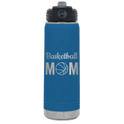 Laser etched royal blue 20 oz vacuum insulated water bottle with 'Mom Basketball2' design