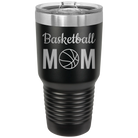 Laser etched black 30 oz vacuum insulated tumbler with 'Mom Basketball2' design