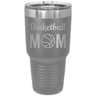 Laser etched dark gray 30 oz vacuum insulated tumbler with 'Mom Basketball2' design