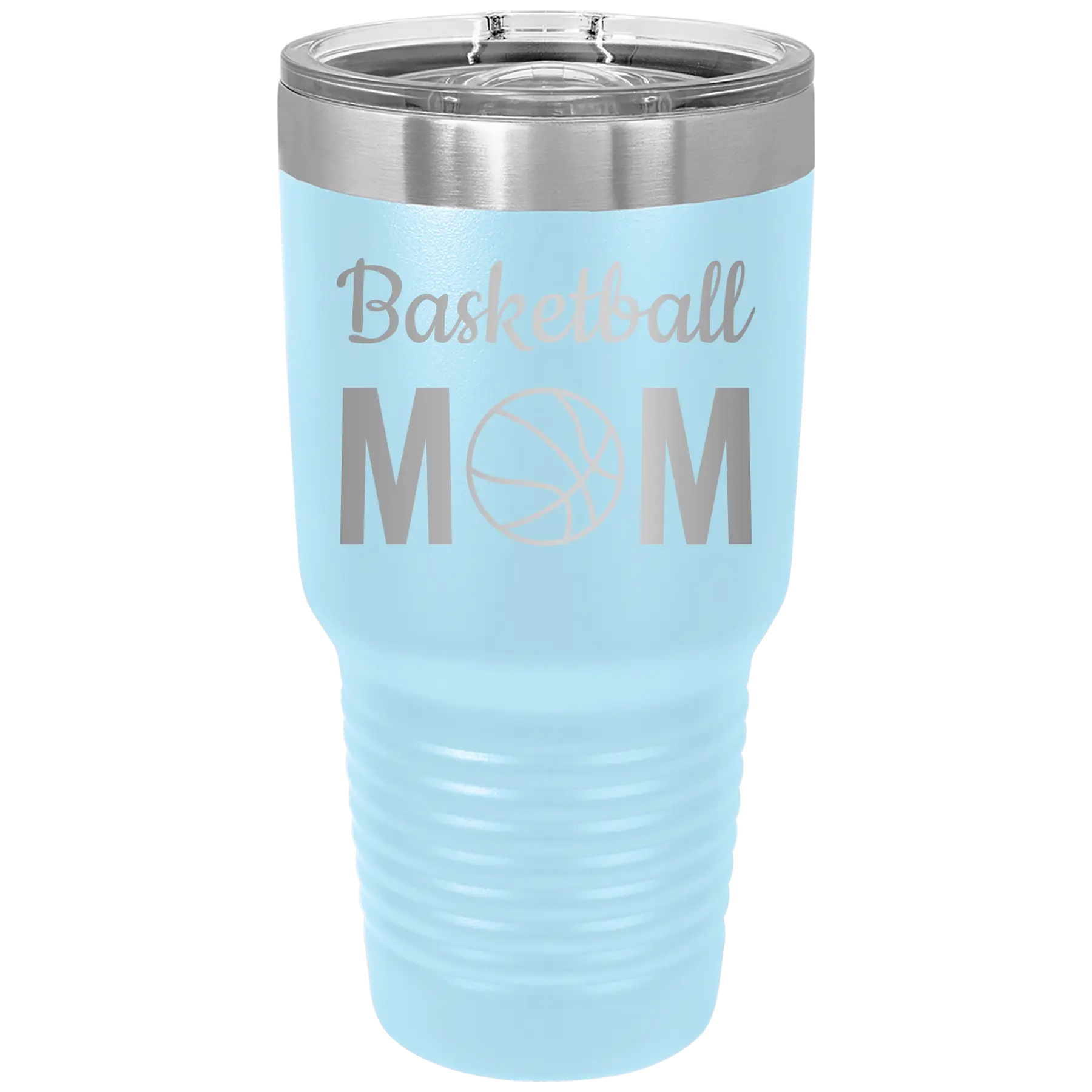Laser etched light blue 30 oz vacuum insulated tumbler with 'Mom Basketball2' design