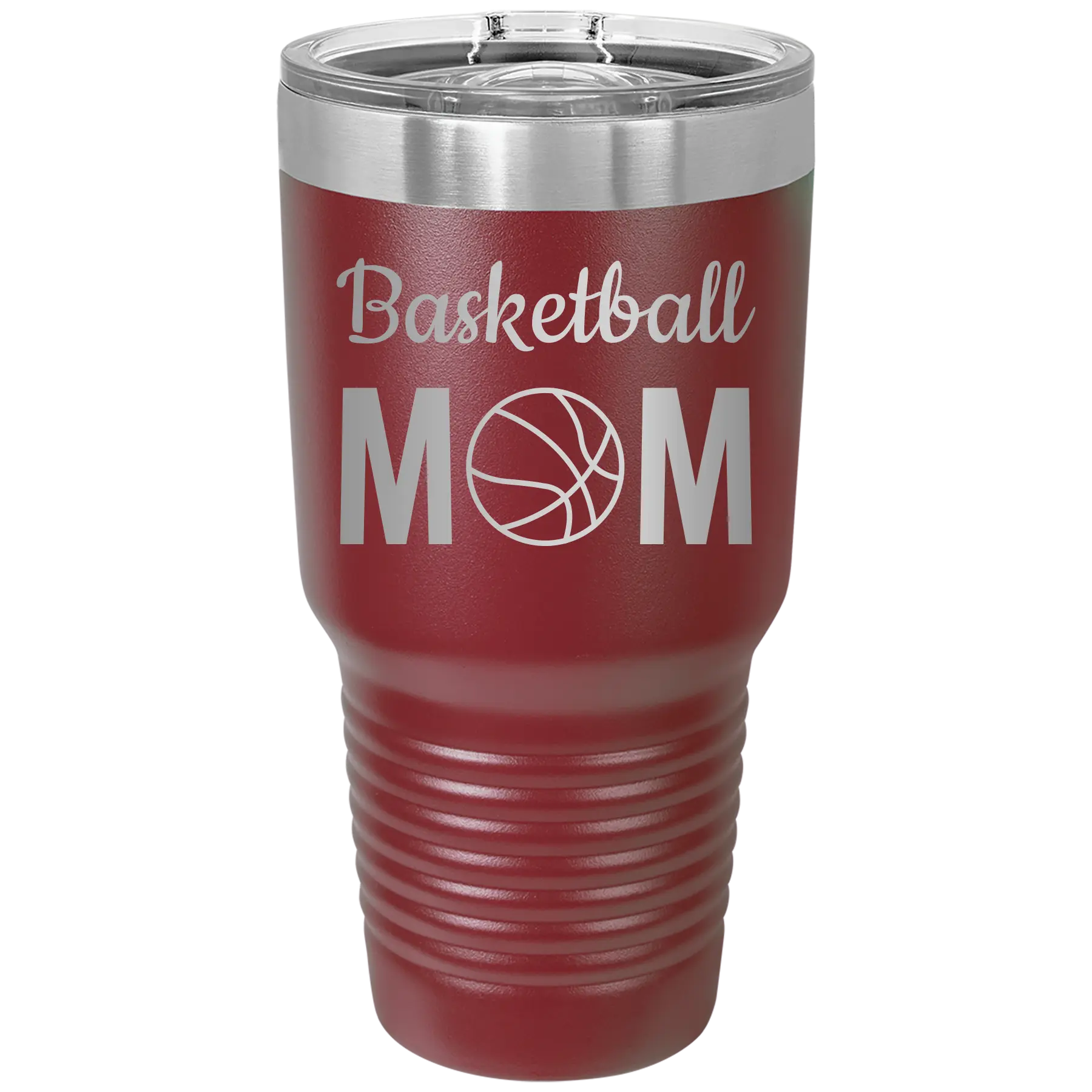 Laser etched maroon 30 oz vacuum insulated tumbler with 'Mom Basketball2' design