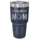 Laser etched navy 30 oz vacuum insulated tumbler with 'Mom Basketball2' design
