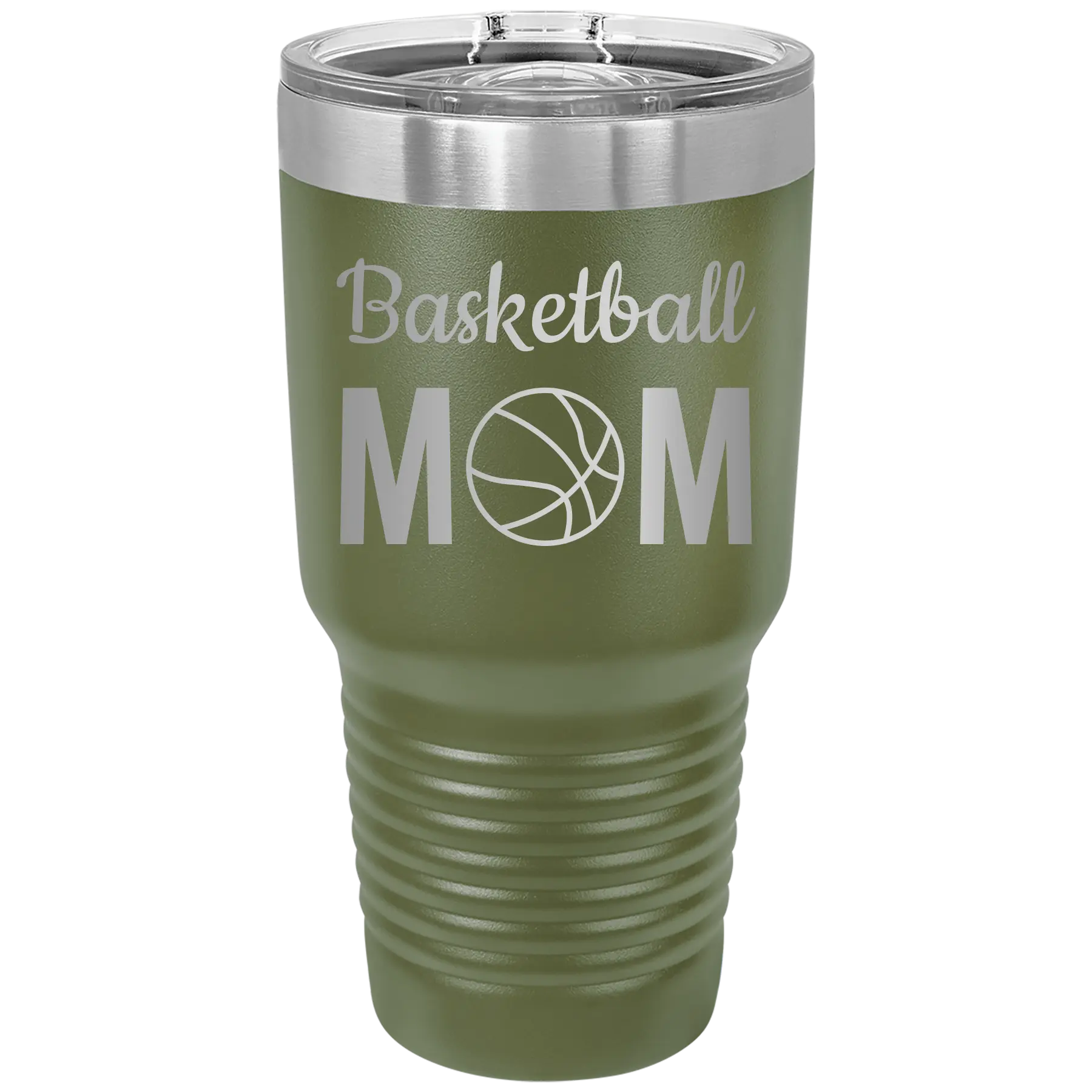 Laser etched olive green 30 oz vacuum insulated tumbler with 'Mom Basketball2' design