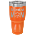Laser etched orange 30 oz vacuum insulated tumbler with 'Mom Basketball2' design