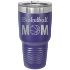 Laser etched purple 30 oz vacuum insulated tumbler with 'Mom Basketball2' design