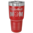 Laser etched red 30 oz vacuum insulated tumbler with 'Mom Basketball2' design