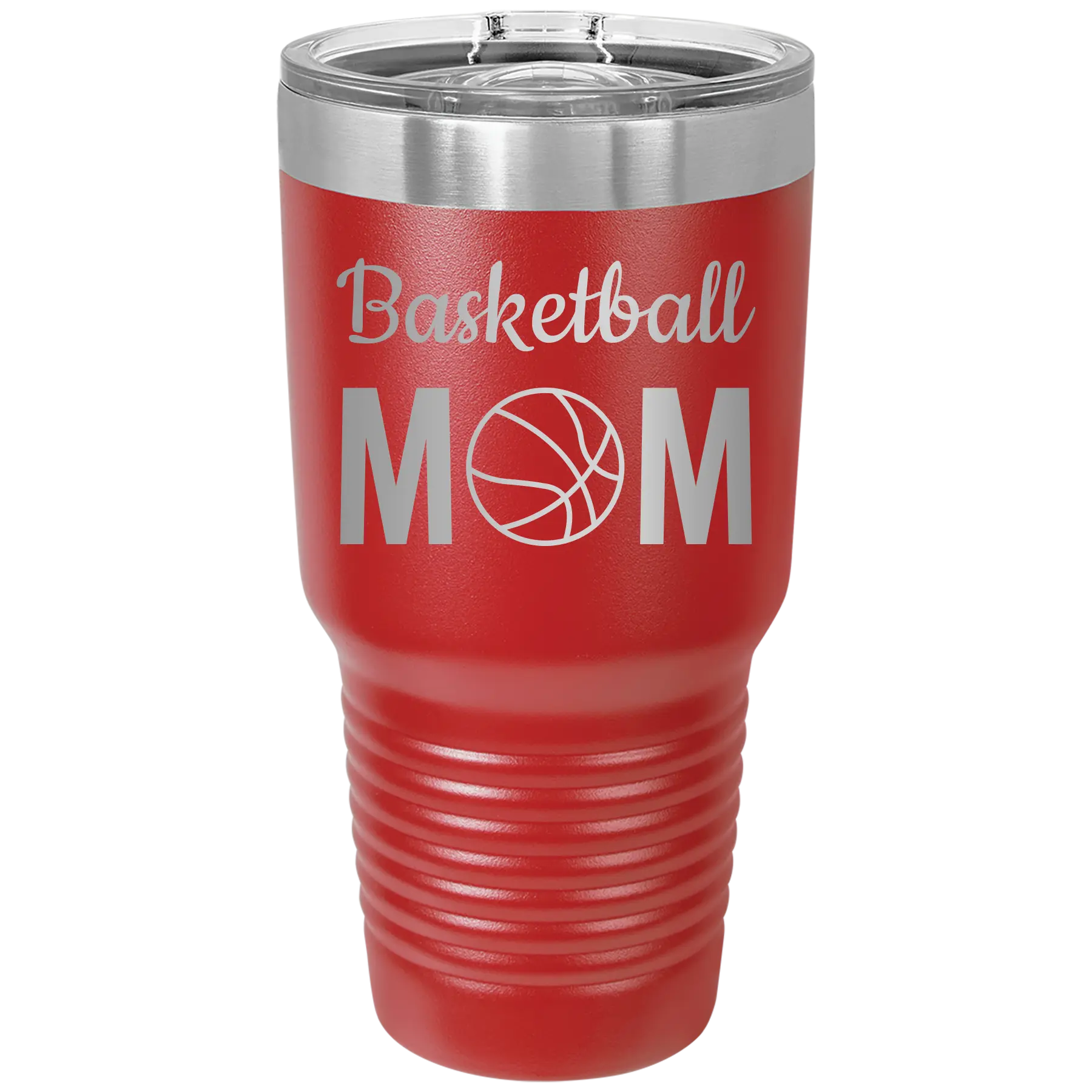 Laser etched red 30 oz vacuum insulated tumbler with 'Mom Basketball2' design