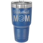 Laser etched royal blue 30 oz vacuum insulated tumbler with 'Mom Basketball2' design