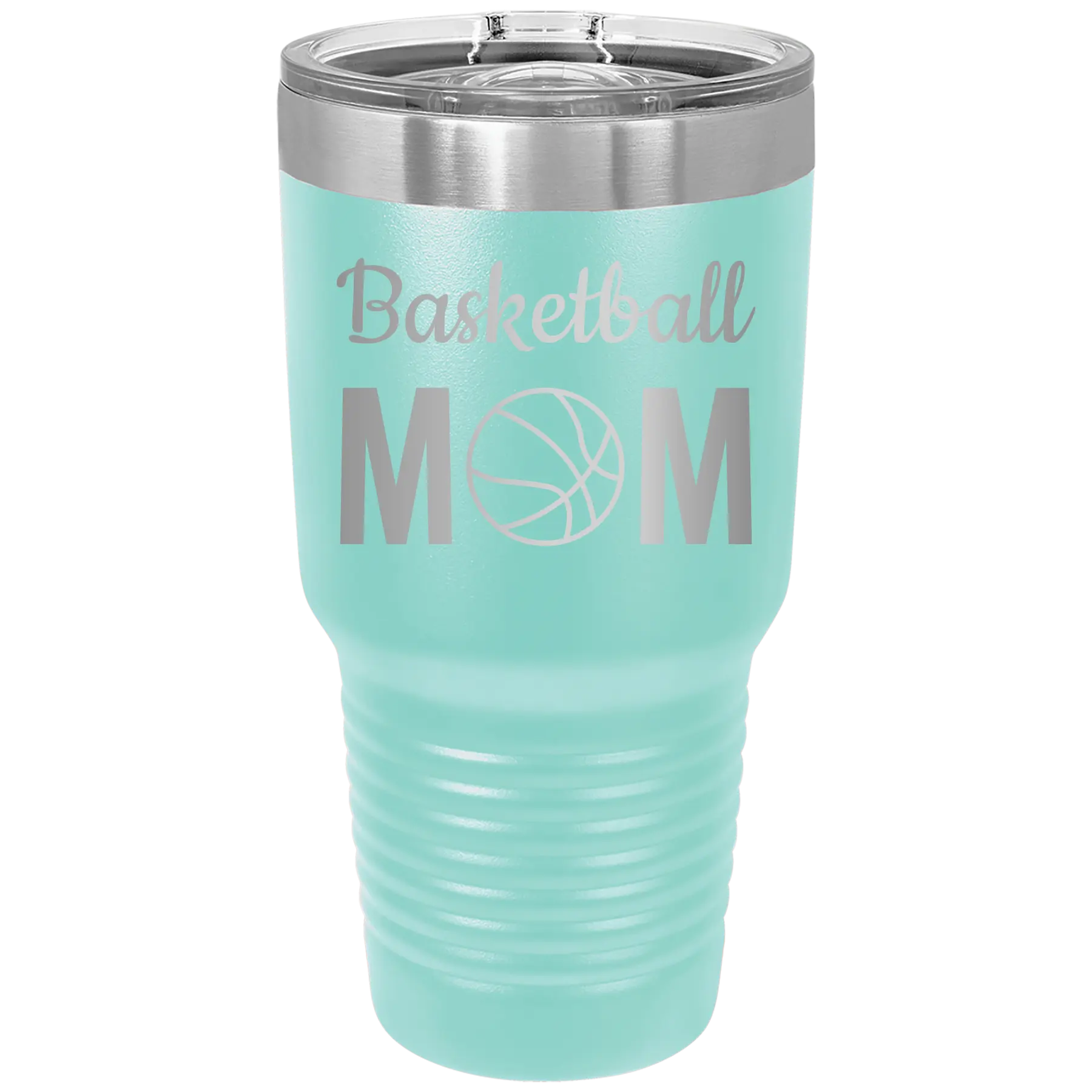 Laser etched teal 30 oz vacuum insulated tumbler with 'Mom Basketball2' design