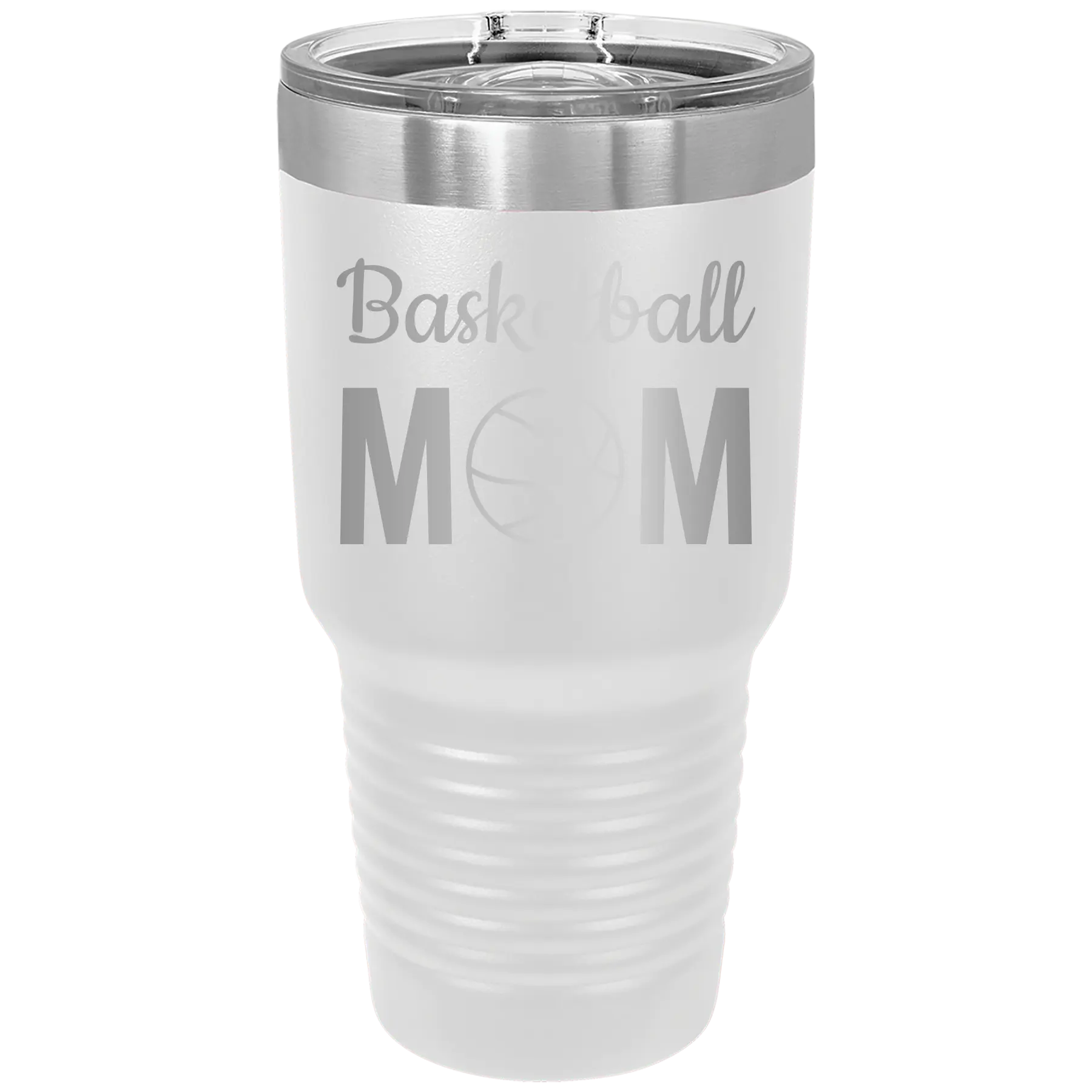 Laser etched white 30 oz vacuum insulated tumbler with 'Mom Basketball2' design