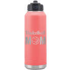 Laser etched coral 32 oz vacuum insulated water bottle with 'Mom Basketball2' design