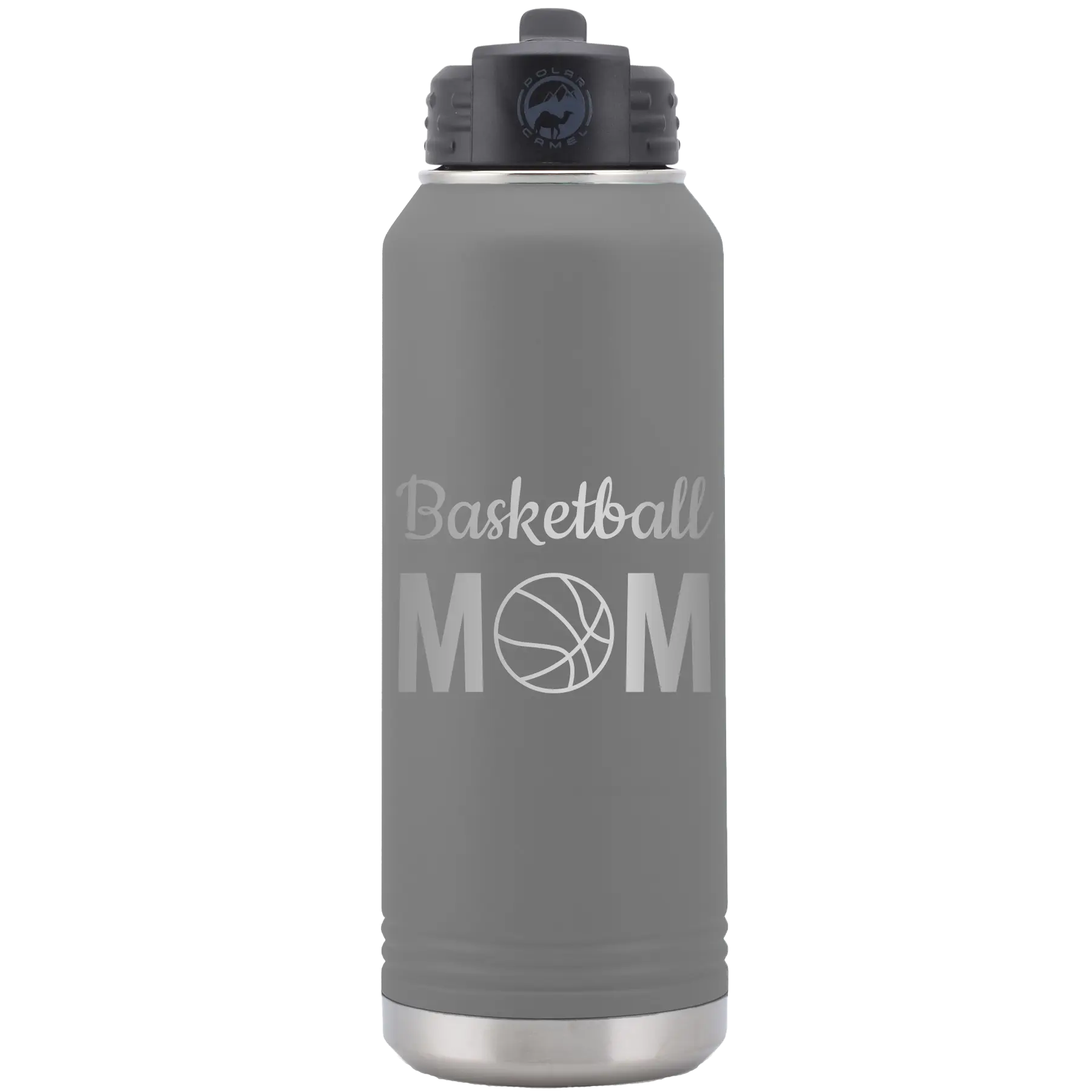 Laser etched dark gray 32 oz vacuum insulated water bottle with 'Mom Basketball2' design