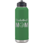 Laser etched green 32 oz vacuum insulated water bottle with 'Mom Basketball2' design