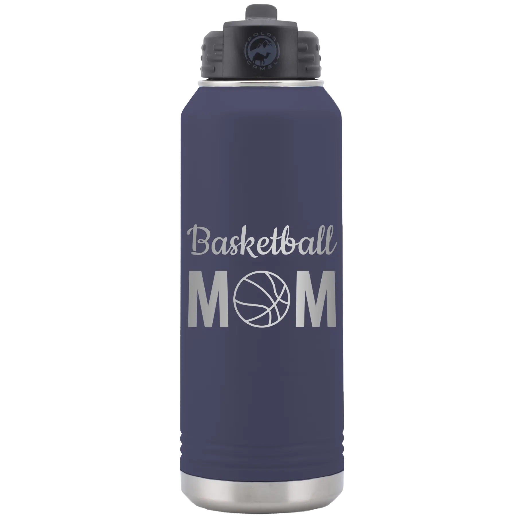 Laser etched navy 32 oz vacuum insulated water bottle with 'Mom Basketball2' design