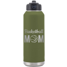 Laser etched olive green 32 oz vacuum insulated water bottle with 'Mom Basketball2' design