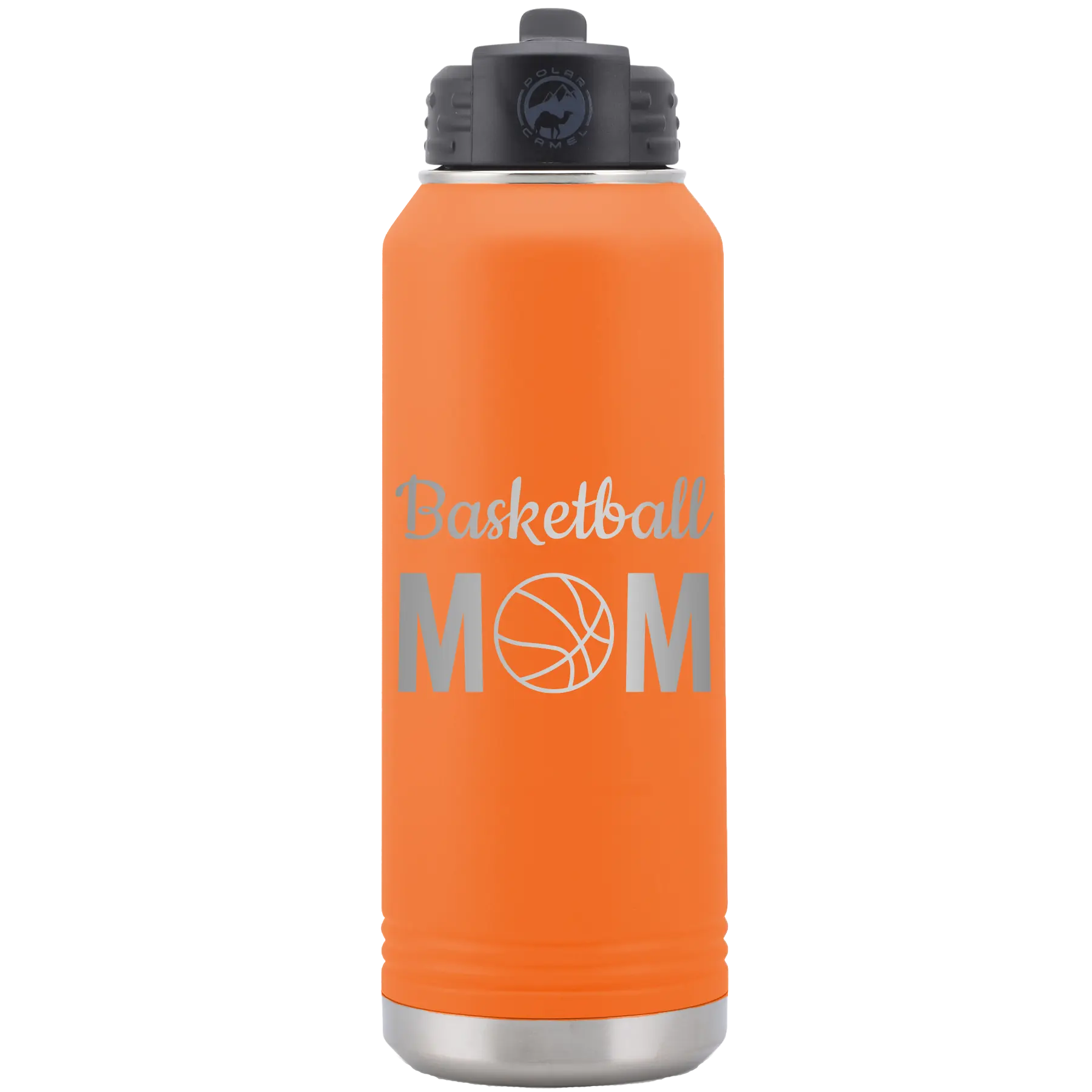 Laser etched orange 32 oz vacuum insulated water bottle with 'Mom Basketball2' design