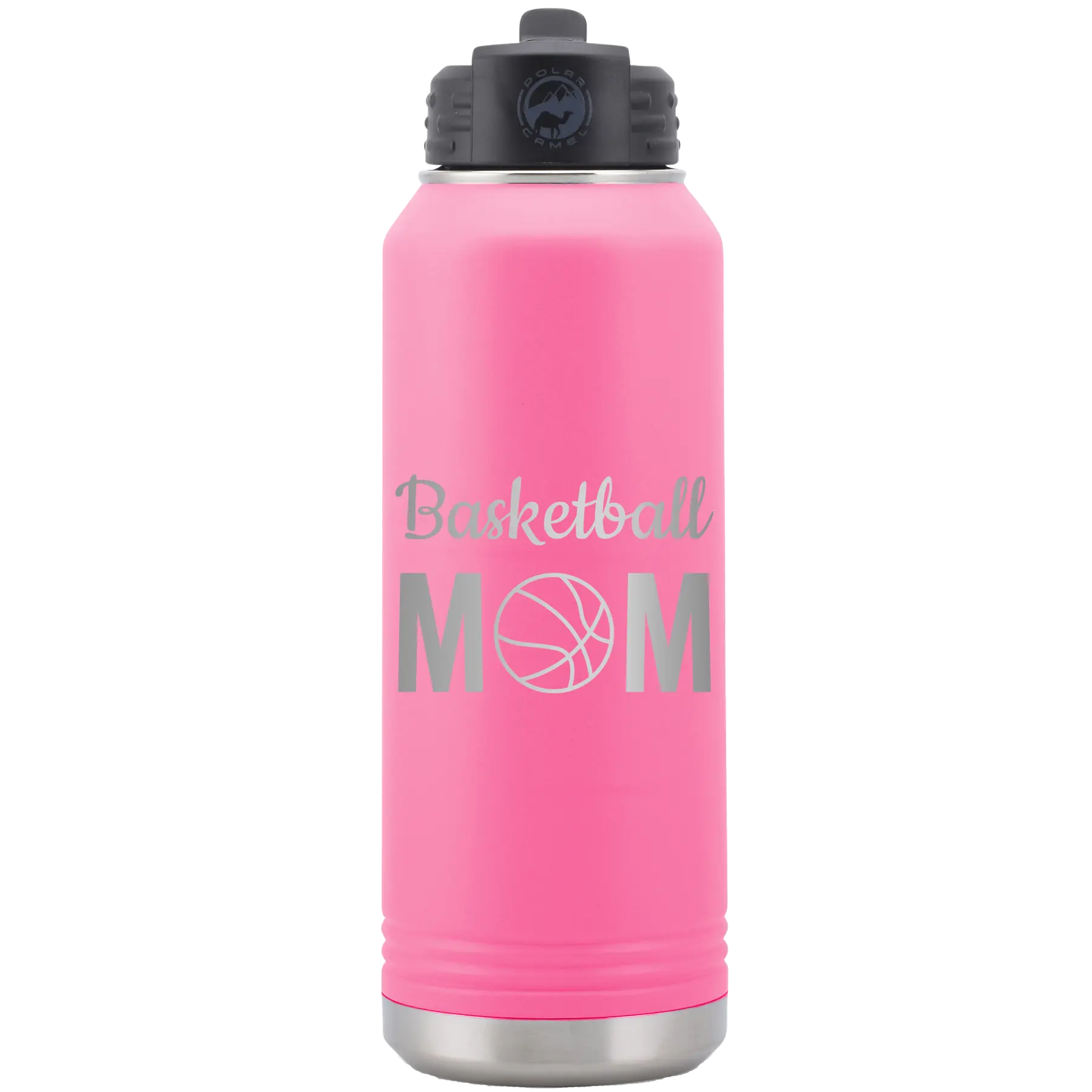Laser etched pink 32 oz vacuum insulated water bottle with 'Mom Basketball2' design