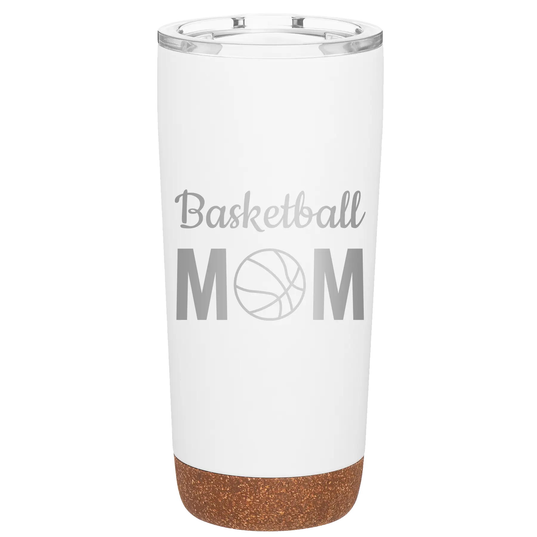 Laser etched white 20 oz vacuum insulated tumbler with 'Mom Basketball2' design