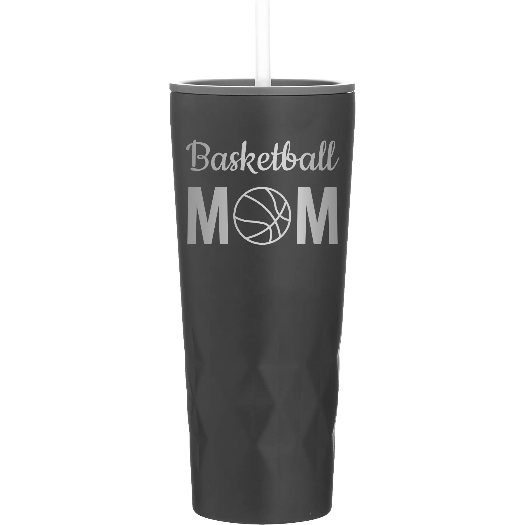 Laser etched black 20 oz vacuum insulated tumbler with 'Mom Basketball2' design
