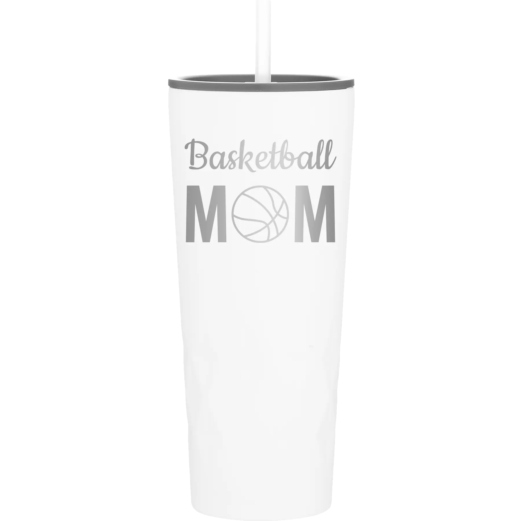 Laser etched white 20 oz vacuum insulated tumbler with 'Mom Basketball2' design
