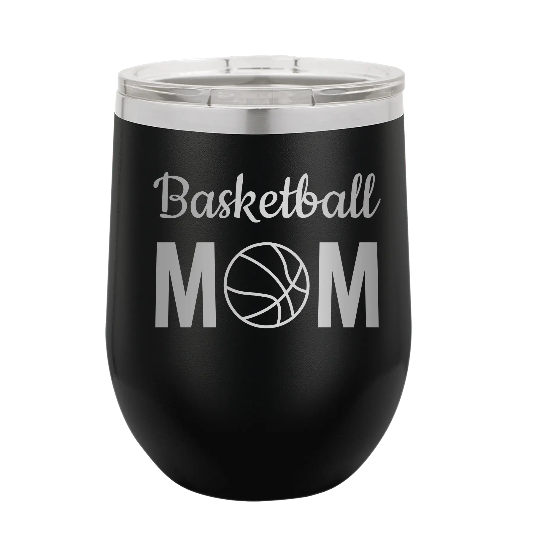 Laser etched black 12 oz vacuum insulated wine cup with 'Mom Basketball2' design