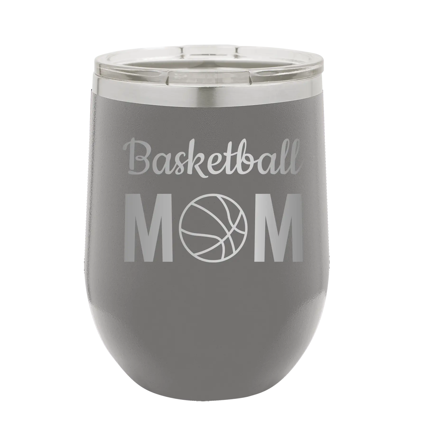 Laser etched dark gray 12 oz vacuum insulated wine cup with 'Mom Basketball2' design
