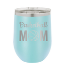 Laser etched light blue 12 oz vacuum insulated wine cup with 'Mom Basketball2' design