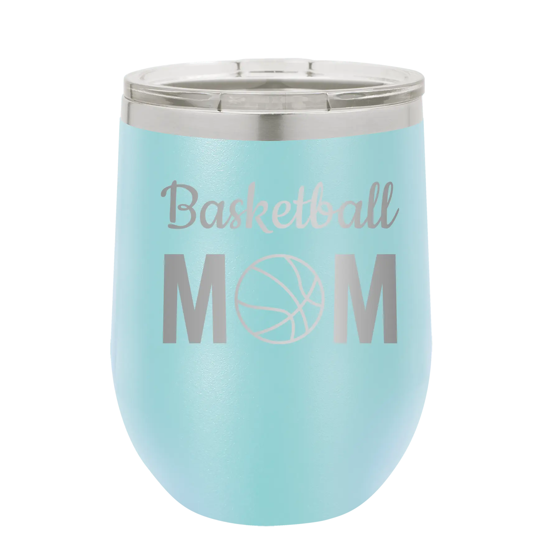 Laser etched light blue 12 oz vacuum insulated wine cup with 'Mom Basketball2' design