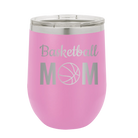 Laser etched light purple 12 oz vacuum insulated wine cup with 'Mom Basketball2' design