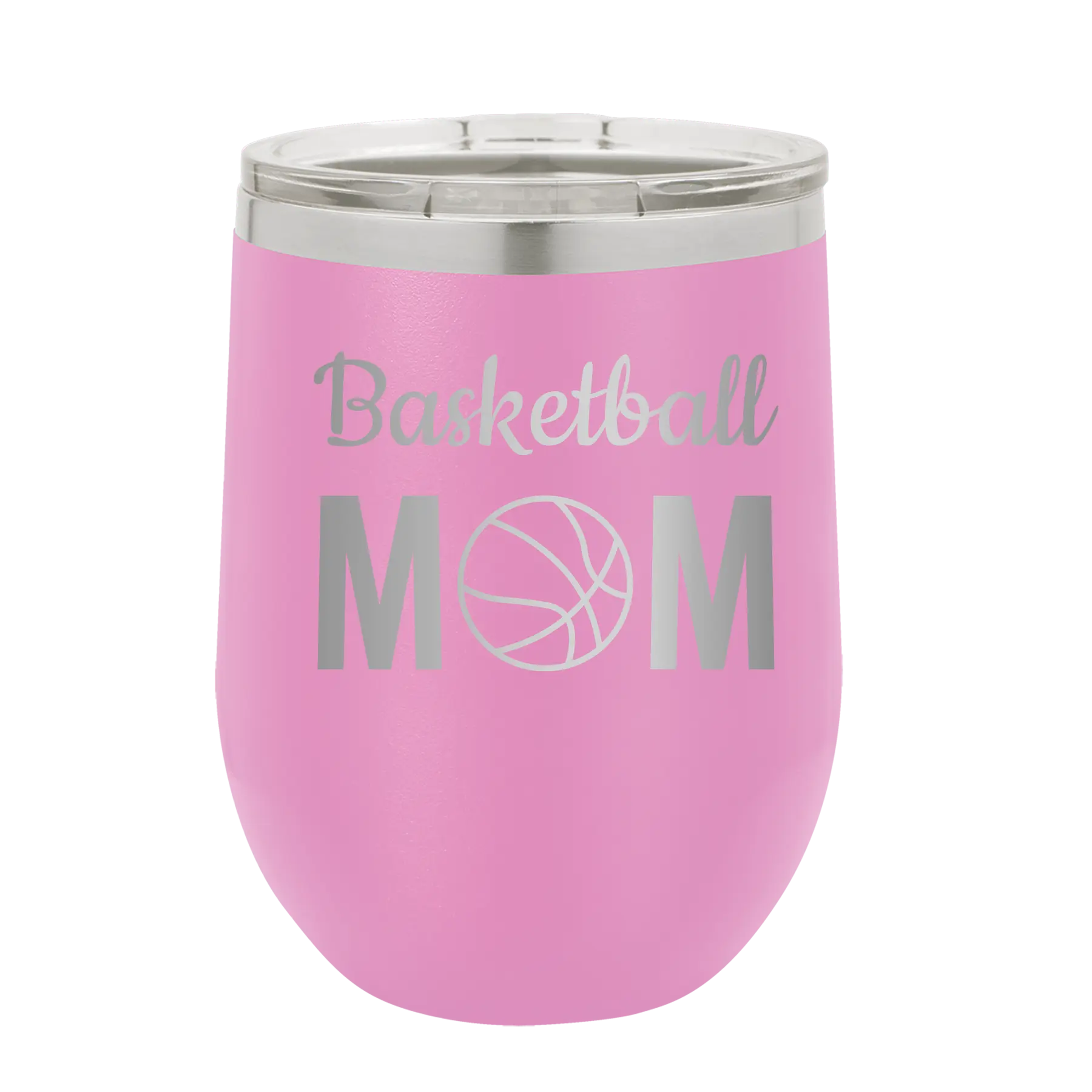 Laser etched light purple 12 oz vacuum insulated wine cup with 'Mom Basketball2' design