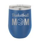Laser etched royal blue 12 oz vacuum insulated wine cup with 'Mom Basketball2' design