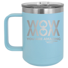 Laser etched light blue 15 oz vacuum insulated coffee mug with 'Wow Mom You Are Amazing' design