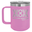 Laser etched light purple 15 oz vacuum insulated coffee mug with 'Wow Mom You Are Amazing' design