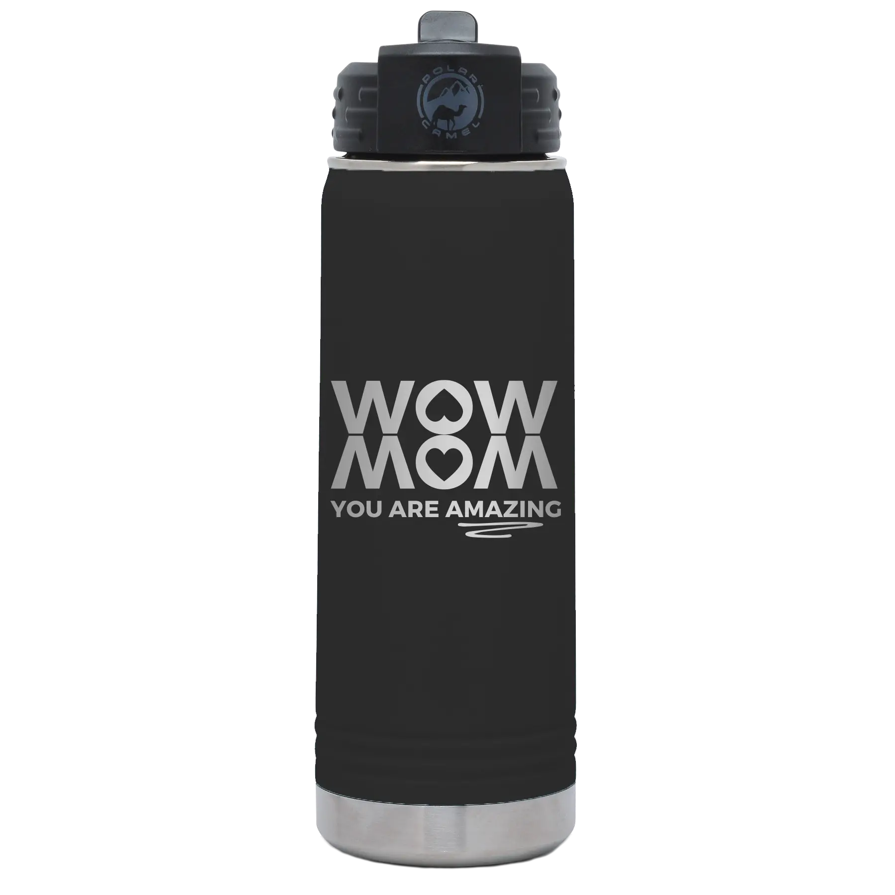 Laser etched black 20 oz vacuum insulated water bottle with 'Wow Mom You Are Amazing' design