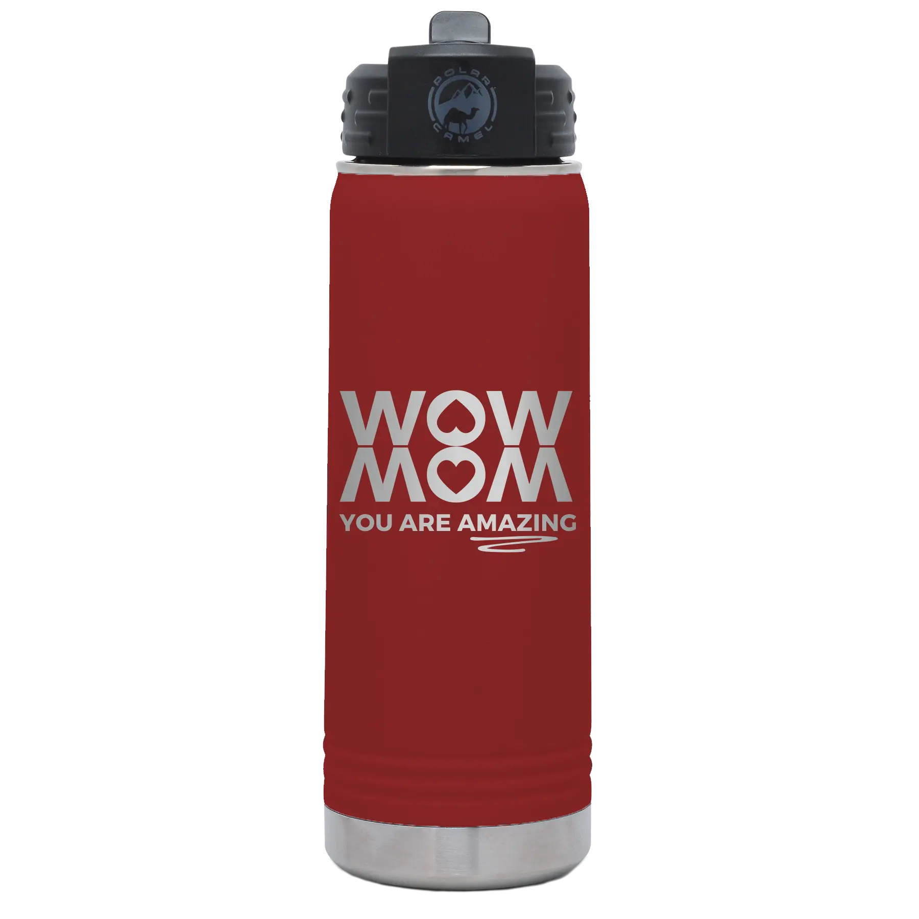 Laser etched maroon 20 oz vacuum insulated water bottle with 'Wow Mom You Are Amazing' design