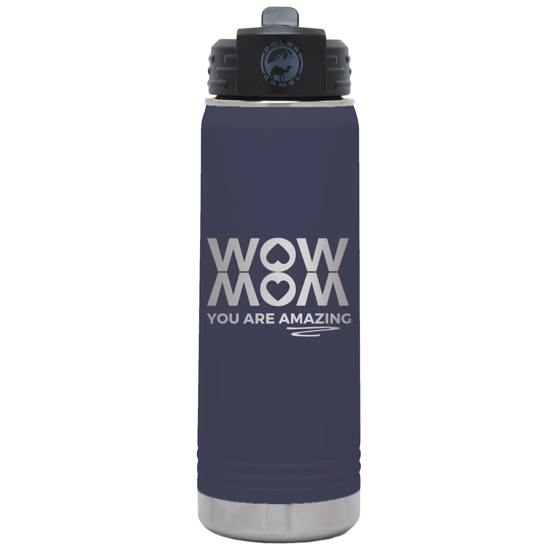 Laser etched navy 20 oz vacuum insulated water bottle with 'Wow Mom You Are Amazing' design