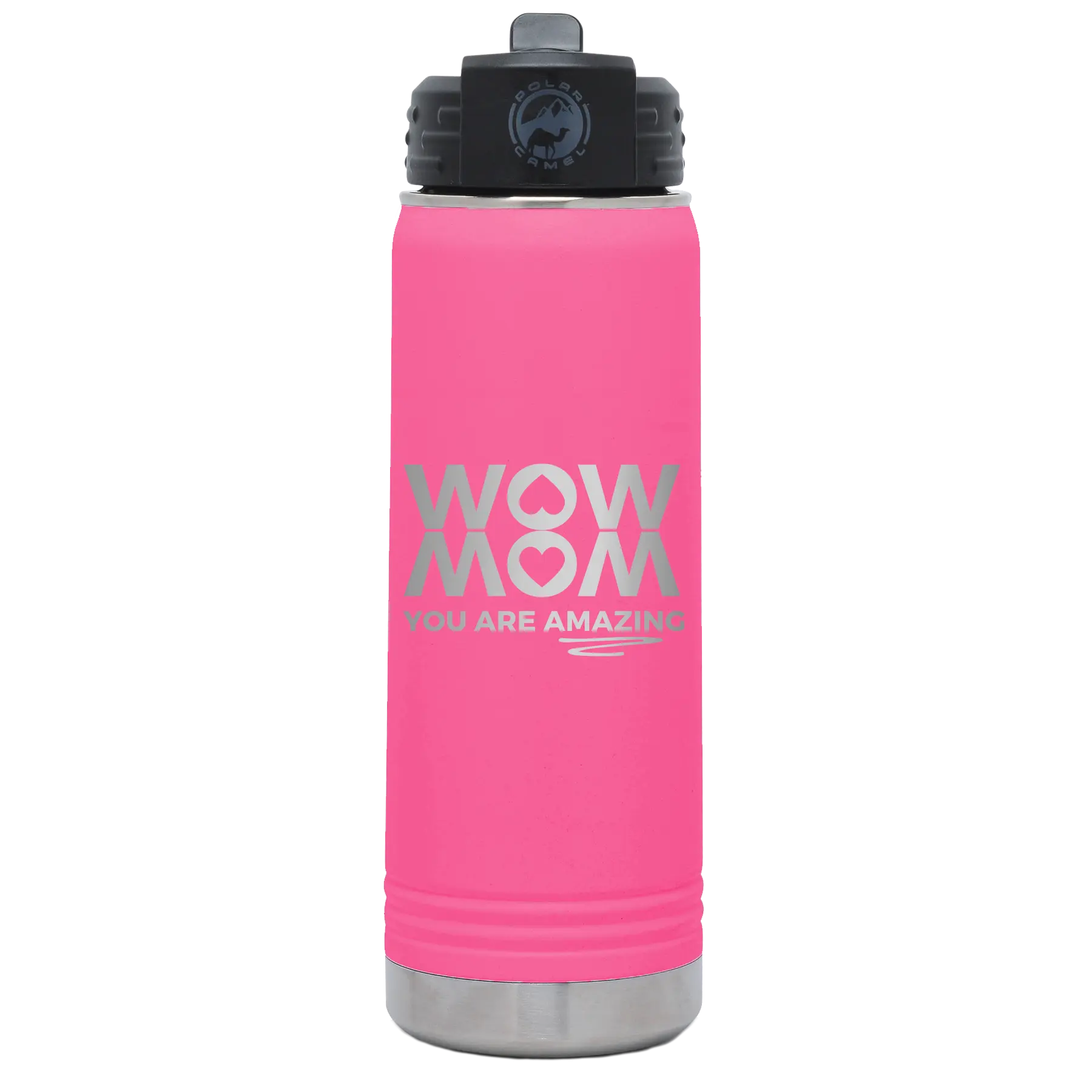 Laser etched pink 20 oz vacuum insulated water bottle with 'Wow Mom You Are Amazing' design