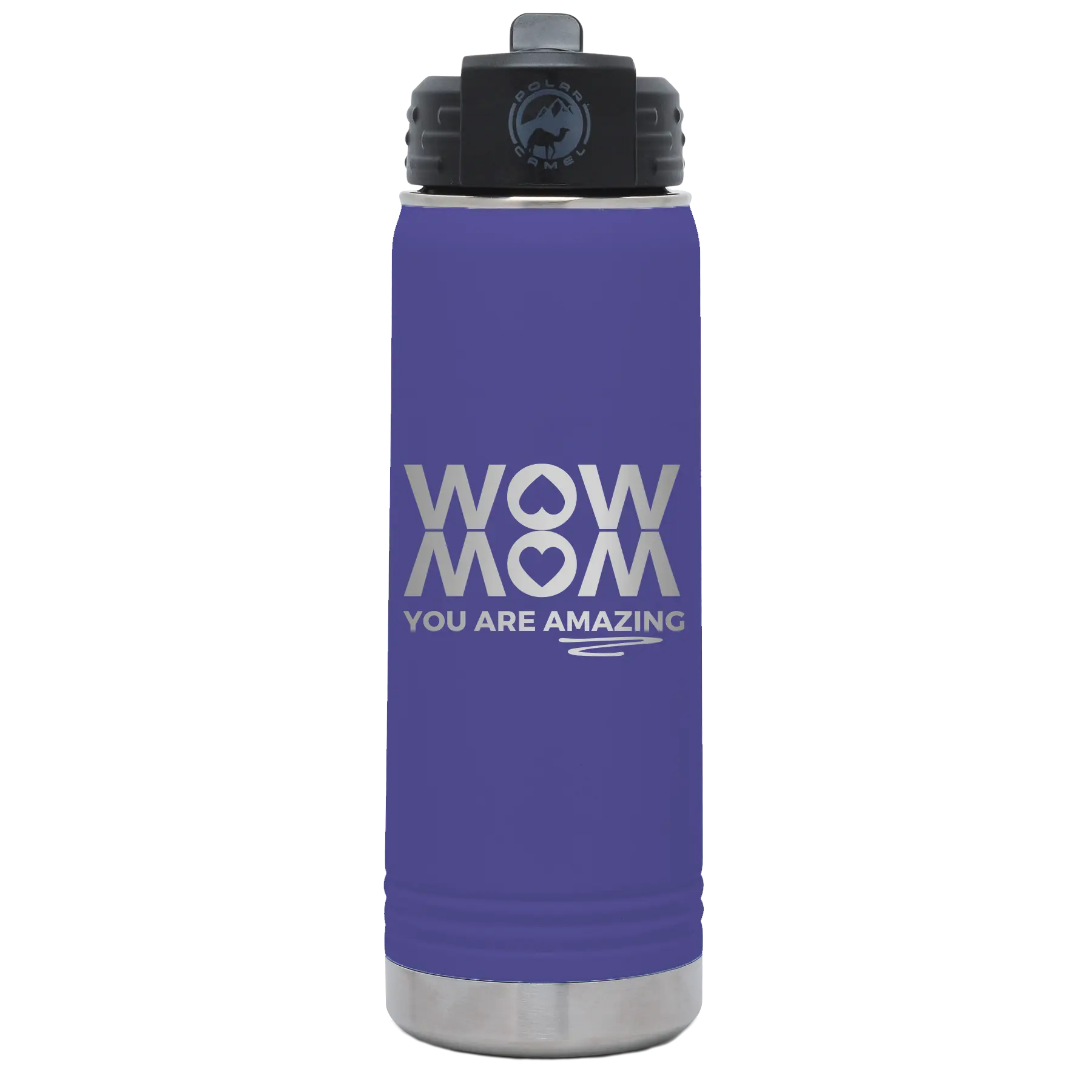 Laser etched purple 20 oz vacuum insulated water bottle with 'Wow Mom You Are Amazing' design