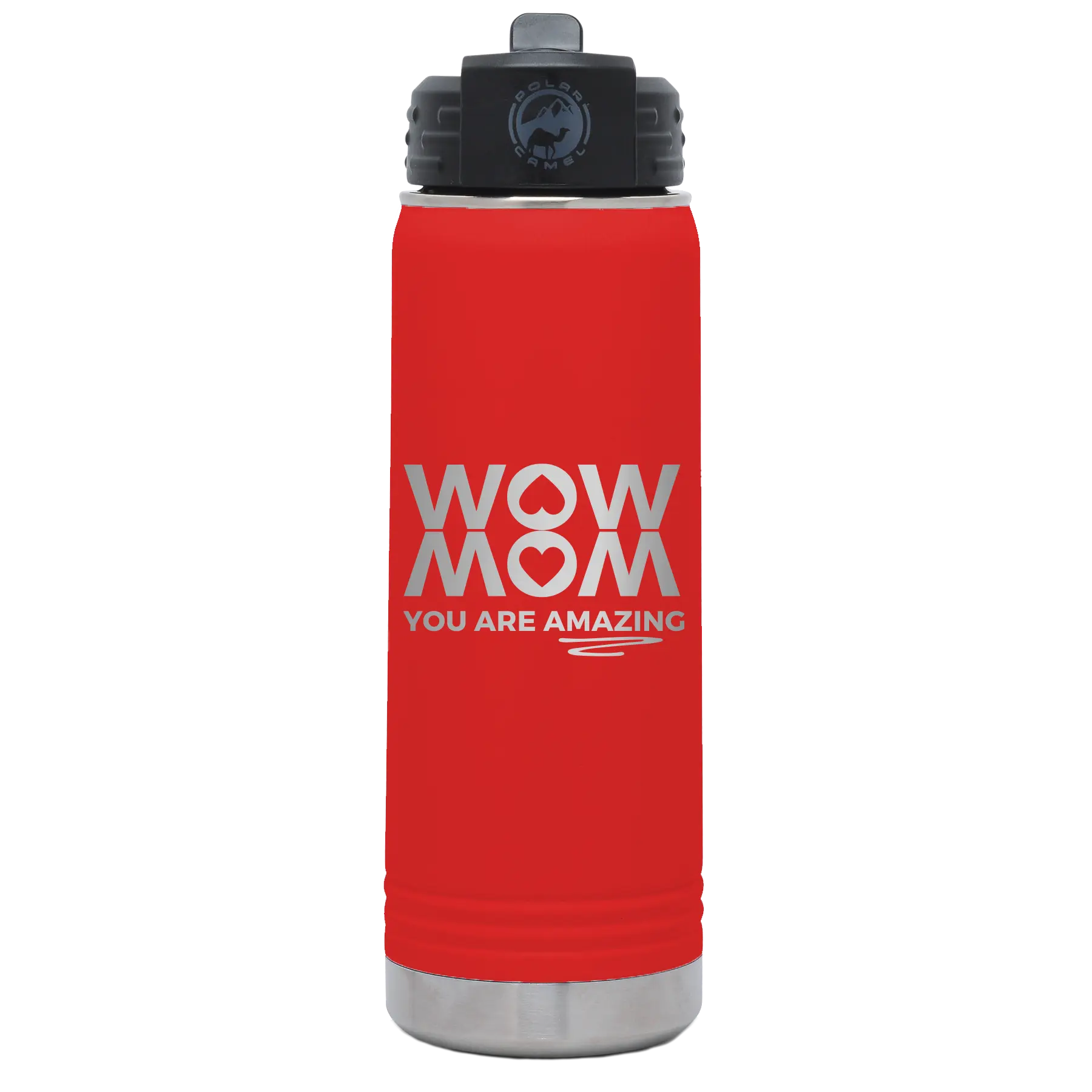 Laser etched red 20 oz vacuum insulated water bottle with 'Wow Mom You Are Amazing' design