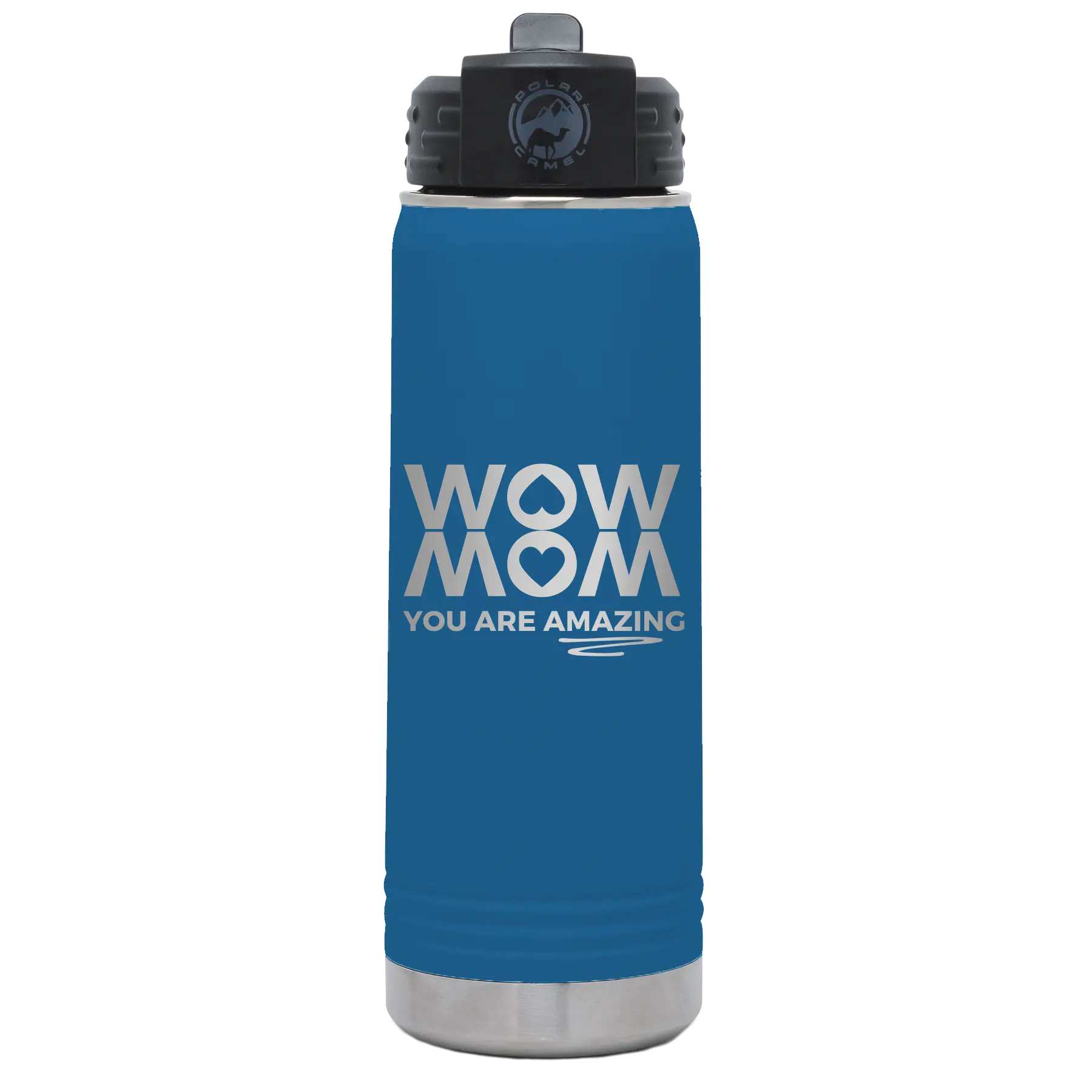 Laser etched royal blue 20 oz vacuum insulated water bottle with 'Wow Mom You Are Amazing' design